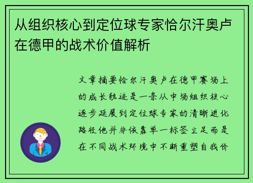 从组织核心到定位球专家恰尔汗奥卢在德甲的战术价值解析 从组织核心到定位球专家恰尔汗奥卢在德甲的战术价值解析